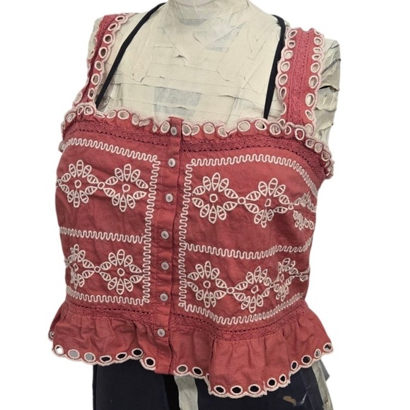 American Eagle Outfitters Tops - American Eagle Crop Top Womens Small Rust Terracotta Eyelet Smocked Button Front